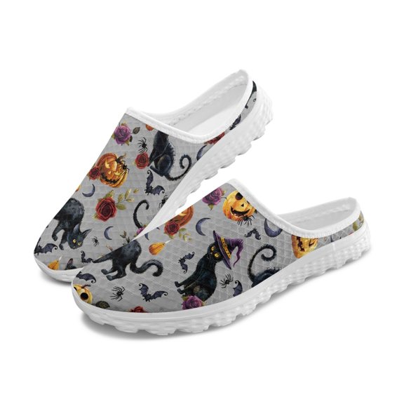 HELLHERO Black cat Pumpkin Pattern Mesh Slip On Clogs with Exposing the Instep, Lightweight Comfortable Mesh Half Drag Shoes for Summer Business Work Outdoor