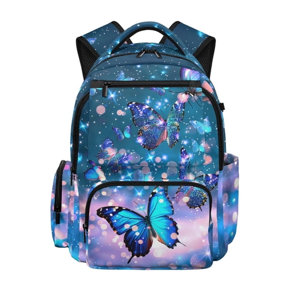 HELLHERO Blue Butterflies Multi Pocket School Bookbag with Water Proof Large Capacity Kids School Backpack, Water Resistant 17 Inch Kids Backpack for Daily Use Outdoor