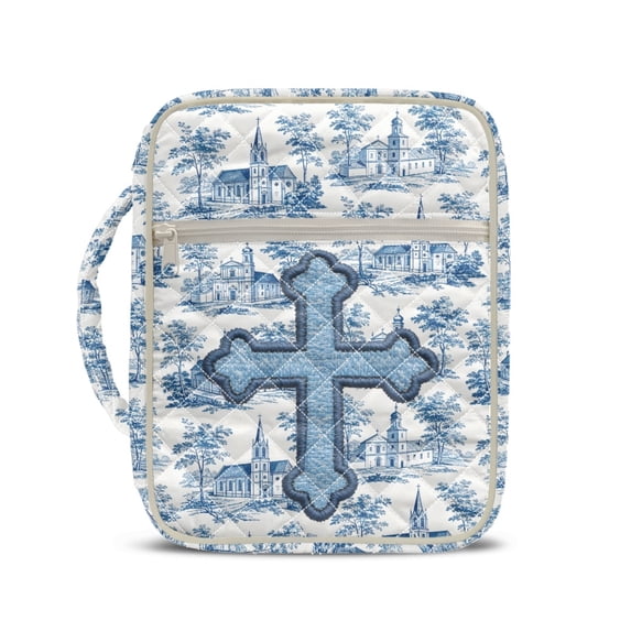 HELLHERO Blue Church Cross Quilted Bible Carrying Case, Polyester Cover Bag with Handle, Lightweight Carrier for Faith Activities and Scripture Study