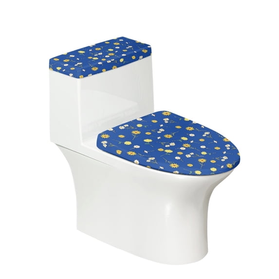 HELLHERO Blue Daisy Pattern Toilet Bowl Cover of Pack of 2 Stretch Toilet Covers Set Reusable Gift