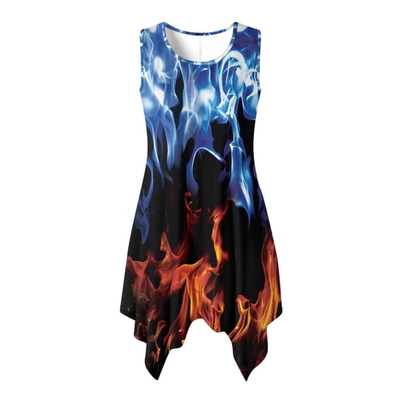 HELLHERO Blue Fire Irregular Hem Sundress, Side Pockets Sleeveless Sundress with With Side Pockets Round Neck for Cocktail Party