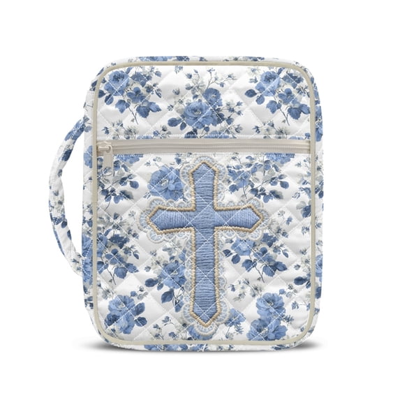HELLHERO Blue Floral Pattern Design Durable Handle Church Organizer Holder Bag for Faith Activities Daily Use, Polyester Fabric Bible Cover Case with Lightweight