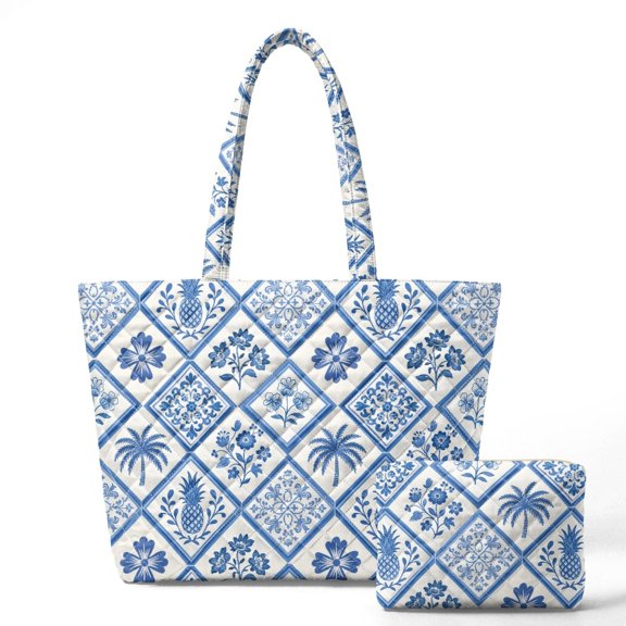 HELLHERO Blue Floral Tile Women's Quilted Bag for Daily Use, Casual Inner Pockets Quilted Shoulder Bags Set 2 Piece Polyester Purses and Handbags Set