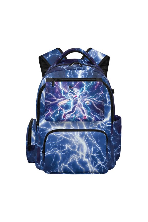 Blue Lightning Bolt Print Multi Pocket School Bookbag with Soft Padded Lightweight School Bag, Breathable 17 Inch Kids Backpack for Middle Travel