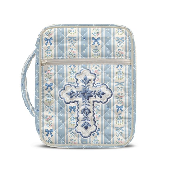HELLHERO Blue Stripe Bow Pattern Lightweight Bible Cover Case for Church Study Daily Use, Polyester Quilted Bible Cover with Washable