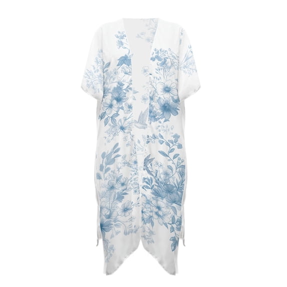 HELLHERO Blue Vintage Floral & Bird Kimono Cover Up - Lightweight Breathable Beachwear for Summer Vacation, Pool & Resort - Loose Fit Women's Swim Cover