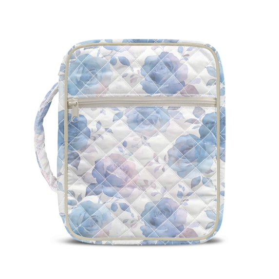 HELLHERO Blue Watercolor Roses Bible Cover Case, Zippered Pocket Portable Quilted Bible Cover Polyester Fabric Bible Carrying Case Bag for School Daily Life
