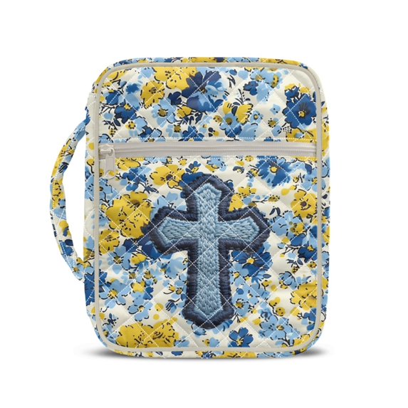 HELLHERO Blue Yellow Floral Print Quilted Bible Cover Case, Portable Lightweight Bible Carrier Tote Bag Polyester Fabric Book Protector for Daily Use School