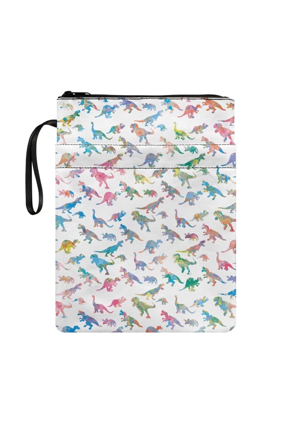 Book Cover with Pocket Polyester Fabric Book Organizer Bag with Decorative Design for Bible Easy Carry Book Case Book Storage Bag, Colorful Dinosaur Parade