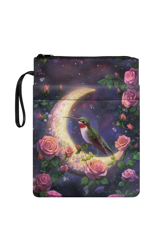 Book Cover Sleeve Book Organzier Holder Polyester Book Protection Easy Carry Book Case with Zipper Book Cover Carrying Case, Hummingbird Moon