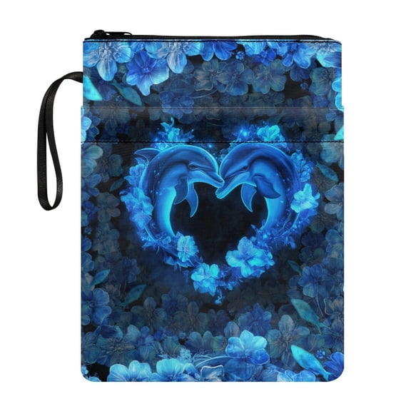 HELLHERO Book Cover Storage & Portability with Zipper Polyester Fabric Easy Carry Book Case for Reader Classroom Library Waterproof 11.42 x 8.66 Inch, Heart-Shaped Dolphin Pattern