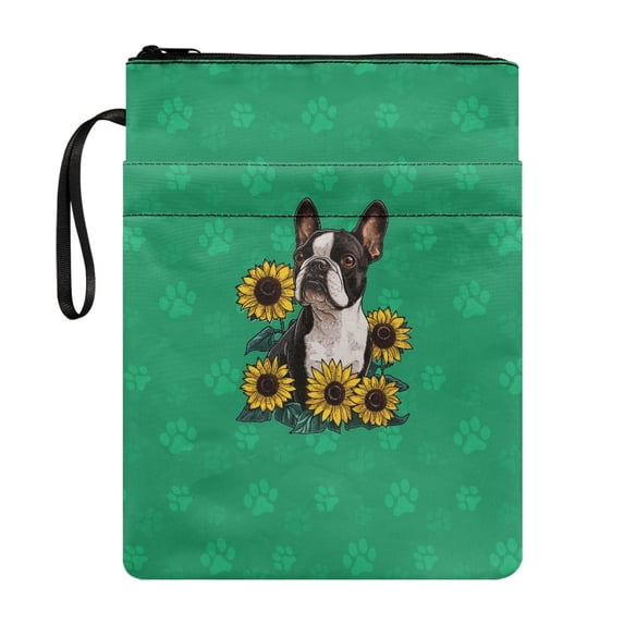 HELLHERO Book Lovers Gift Tote Bags, 11.42 x 8.66 Inch Polyester Protector Wrap Bag Book Organzier Holder Easy Carry Book Case with Washable, Retro for Books Lovers, Boston Terrier Sunflowers