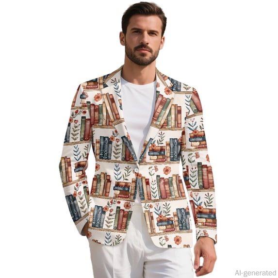 HELLHERO Book Pattern Sport Coat, Lightweight Suit Jacket One Button Polyester Blazer for Prom
