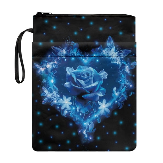 HELLHERO Book Protector Book Organzier Holder with Washable Polyester Fabric Book Cover Carrying Case for Mother Office Handle 11.42 x 8.66 Inch, Blue Rose Heart Butterflies