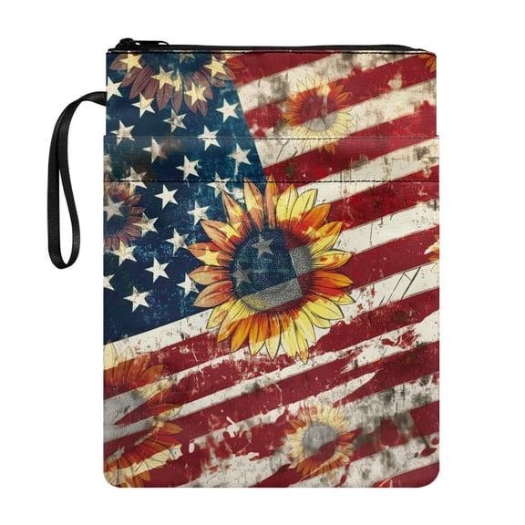 HELLHERO Book Sleeve Polyester Carrying Book Case Protector Wrap Bag with Decorative Design Book Organizer Bag Book Carrying Case, 11.42 x 8.66 Inch, US Flag & Sunflower