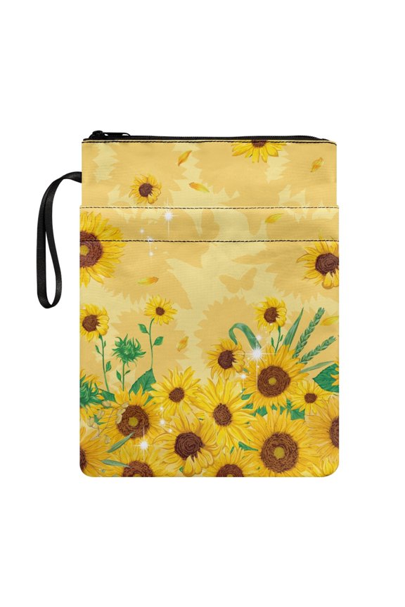 Book Sleeve Protector Pouch Bible Case Bag for Washable Book Organzoer Holder Polyester with Handle and Zipper, Sunflower Field Butterflies