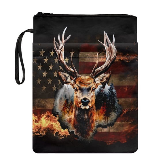 HELLHERO Book Sleeve Protector Pouch with Handle Polyester Fabric Book Sleeve Protector with Waterproof for Textbooks Book Storage Bag, American Flag Deer