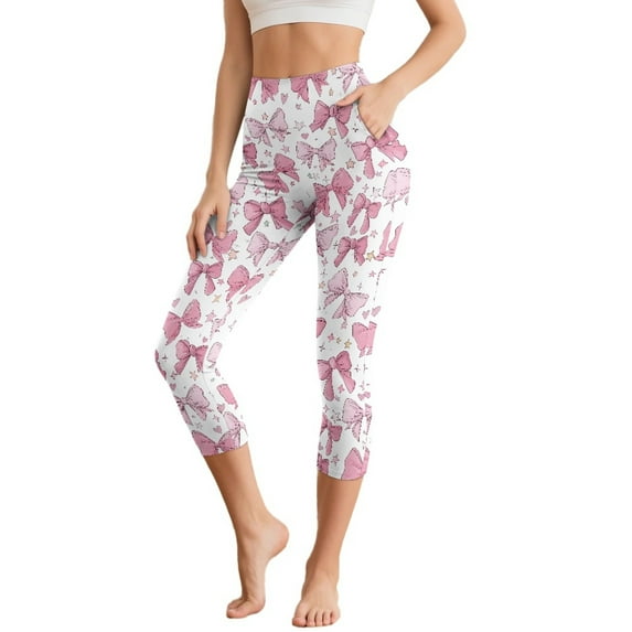 HELLHERO Bow Printed Capri Leggings for Women High Waisted Yoga Pants Breathable Yoga Leggings with Pockets, 2XL