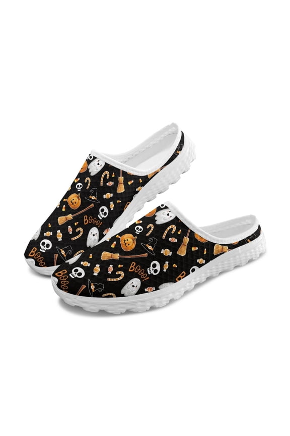 Breathable Breathable Mesh Slip On Mules for Summer Indoor Travel, Soft Sole Slip-On Mules, Pumpkin Skull Pattern