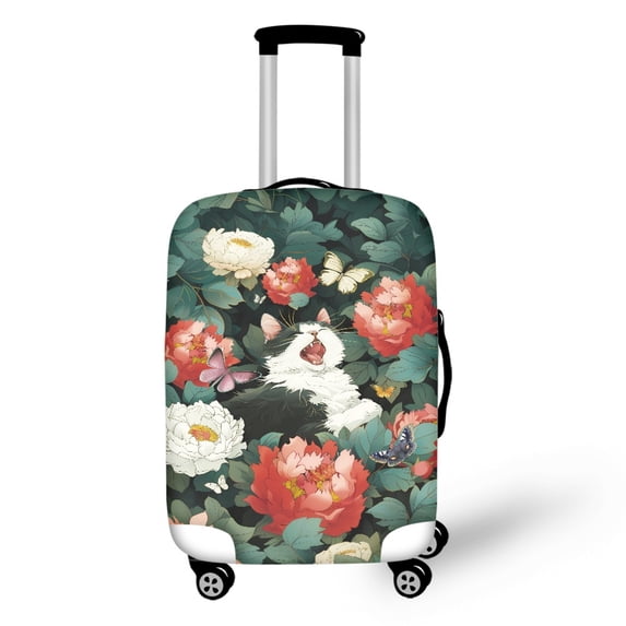 HELLHERO Breathable Luggage Cover for Travel Business Trip, Polyester Spandex Anti Fade Suitcase Cover, Cat and Floral