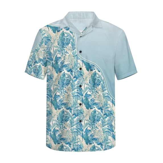 HELLHERO Breathable Men's Short Sleeve Button Down Shirt, Blue Tropical Leaf Print Durable Loose Fit Men's Summer Top for Beach Vacation Daily Leisure