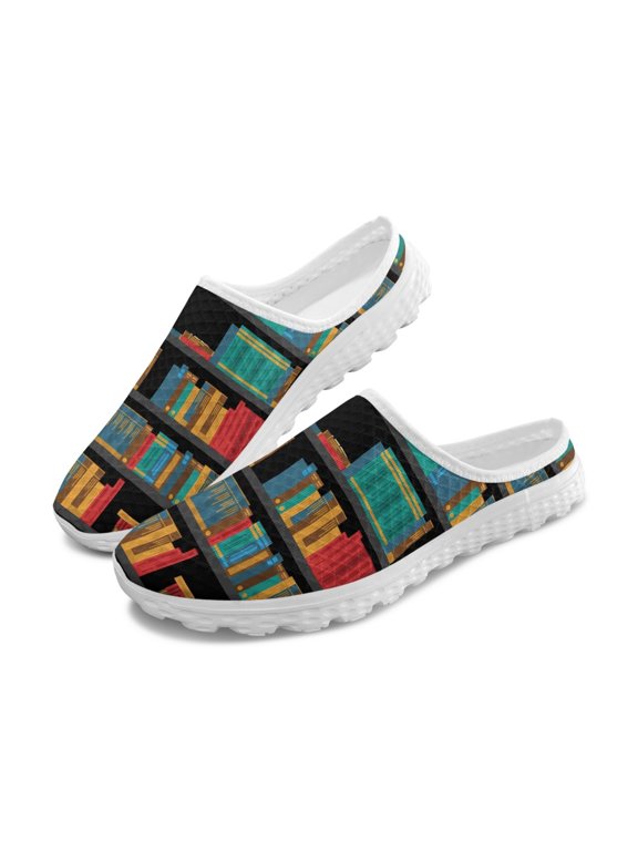 Breathable Mesh Slip On Clogs, Bookshelf Books Pattern No Blisters Quick Dry Breathable Mesh EVA Clogs for Summer Indoor Gym