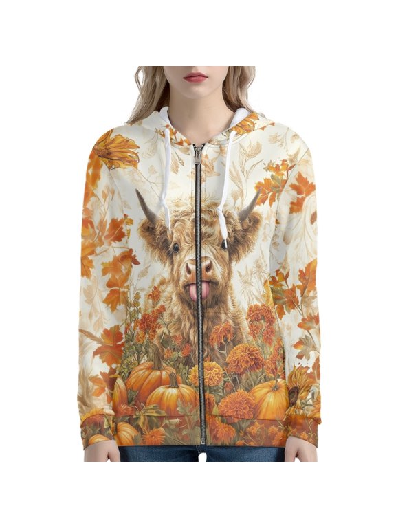 Breathable Women Zip Up Hoodies for Winter Walk, Highland Cattle Pumpkin Polyester Spandex Blend Sweatshirts for Womens