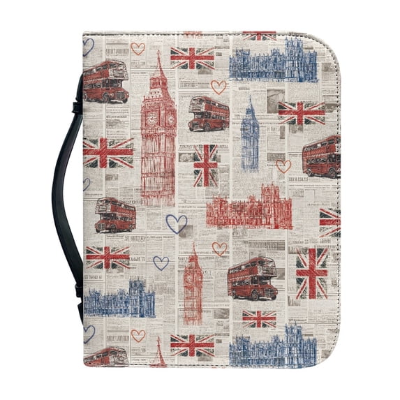 HELLHERO British Flag Newspaper Design Book Holder Organizer Zipper for Prayer Christian Prayer Church, PU Leather Zippered Handle Bible Cover