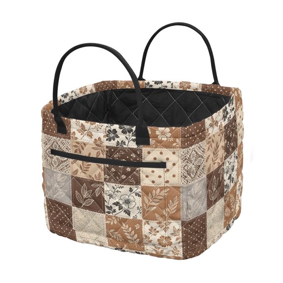 HELLHERO Brown Patchwork Print Soft Storage Hamper, Large Capacity Quilted Storage Basket Polyester Quilted Laundry Basket for Bedroom