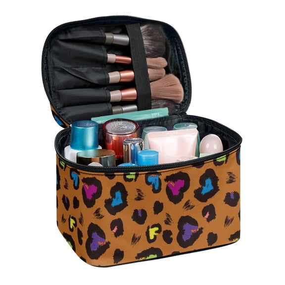 HELLHERO Brush Slots Makeup Bag Travel Toiletry Bag Polyester Double Zip Travel Cosmetic Makeup Bag, Colorful Leopard Print