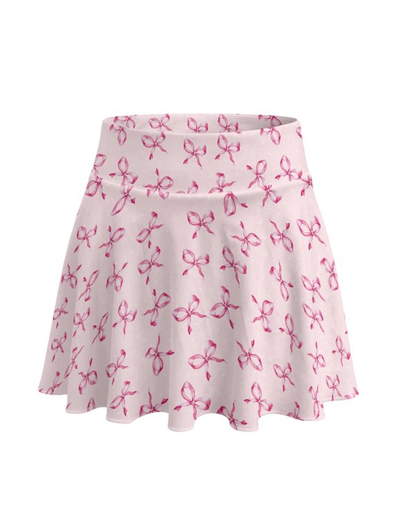 Built-in Shorts Tennis Skirt, Pink Bow Pattern 2 Side Pockets Built-In Safety Shorts Tennis Skort for Golf Pickleball Yoga