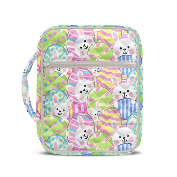 HELLHERO Bunny Egg Pattern Handle Quilted Bible Cover for Scripture Study Daily Life, Polyester Fabric Bible Cover Case with Smooth Zipper