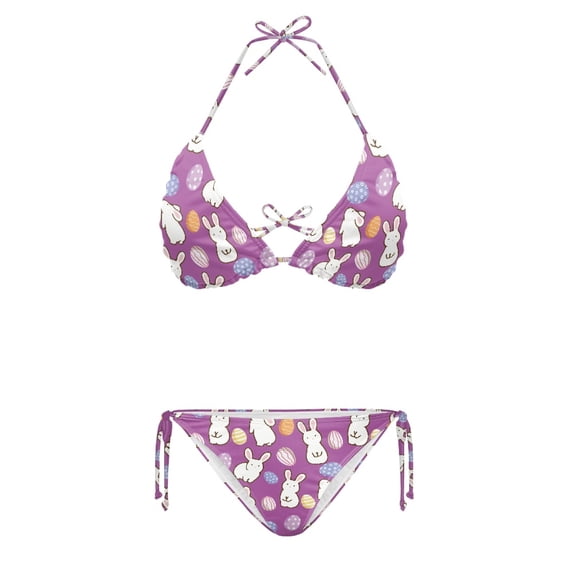 HELLHERO Bunny Egg Pattern Two Piece Bikini Set Sexy Backless Swimwear for Women Quick Dry Adjustable Halter Tie Side Design Perfect for Beach