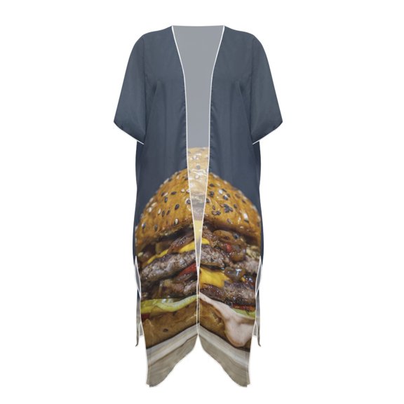 HELLHERO Burger Print Long Kimono Swimsuit Cover Up Casual Loose Polyester Breathable Bathing Suit Cover Up