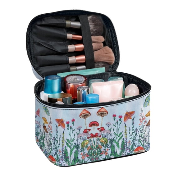 HELLHERO Butterflies and Mushrooms Design Polyester Makeup Bag Travel Toiletry Bag Lightweight Double Layer Travel Makeup Bag Space-Efficient Perfect