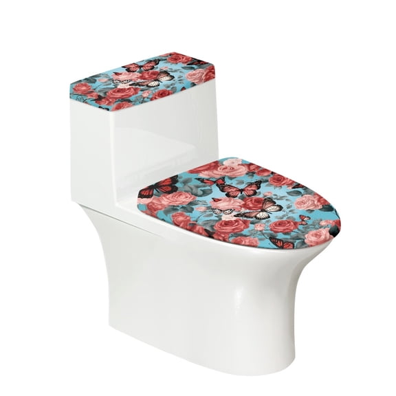 HELLHERO Butterflies and Red Roses Fashion Elastic Fabric Toilet Seat Cover Replacement Soft Durable Toilet Lid Cover Elastic Edge for Indoor Home
