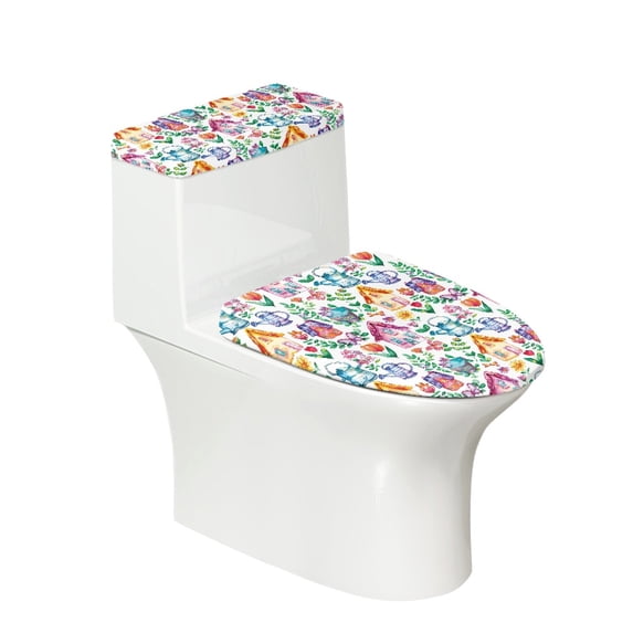 HELLHERO Butterfly and Floral Pattern Comfortable and Practical 2 Pack Toilet Lid Seat Cover Set, Elastic Bottom Polyester Fabric Toilet Lid Seat Cover