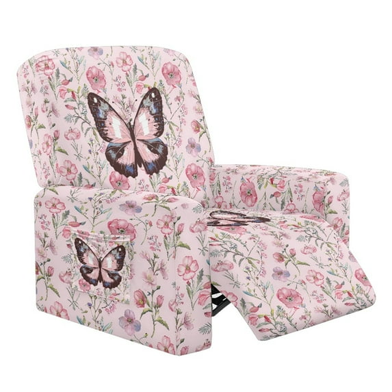 HELLHERO Butterfly Flower Print Sofa Slipcovers for Recliner Couch Skin Friendly Soft Lazyboy Recliner Chair Cover with Handle Opening Single-Seater, Pink