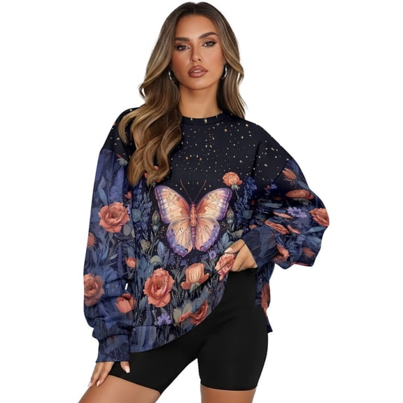 HELLHERO Butterfly Flower Print Women Sweater Fall Soft Loose Sweatshirt Long Sleeve Crewneck Pullover Tops Fall Fashion 2025 Size S