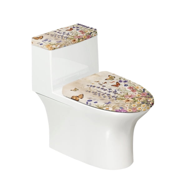HELLHERO Butterfly Flowers Fits All Toilet Shapes Elastic Bottom Soft Polyester Bathroom Toilet Cover Set Hotel Reusable Stays in Place 17x21 Inches 2 Pcs Set