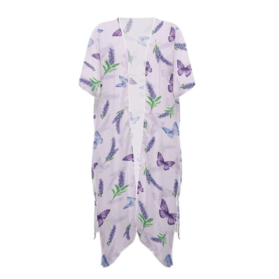 HELLHERO Butterfly Lavender Bathing Suit Cover Up Polyester Breathable Free Size Long Kimono Swimsuit Cover Up for Mom