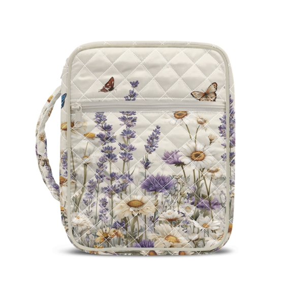HELLHERO Butterfly Lavender Pattern Bible Cover Case, Portable Washable Quilted Bible Cover Stretch Polyester Quilted Bible Bag for Iglesia Scripture Study