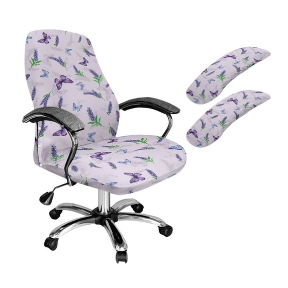 HELLHERO Butterfly Lavender Print Office Chair Cover with Armrest Covers, Gaming Chair Seat Slipcover with Elastic Band, Comfortable Desk Chairs Armrest Covers, Purple