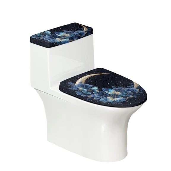 HELLHERO Butterfly and Moon Pattern Polyester Toilet Cover Set Toilet Lid Covers Set Adjustable Elastic Edge Universal Elastic Installation Soft for 17x21 Inches