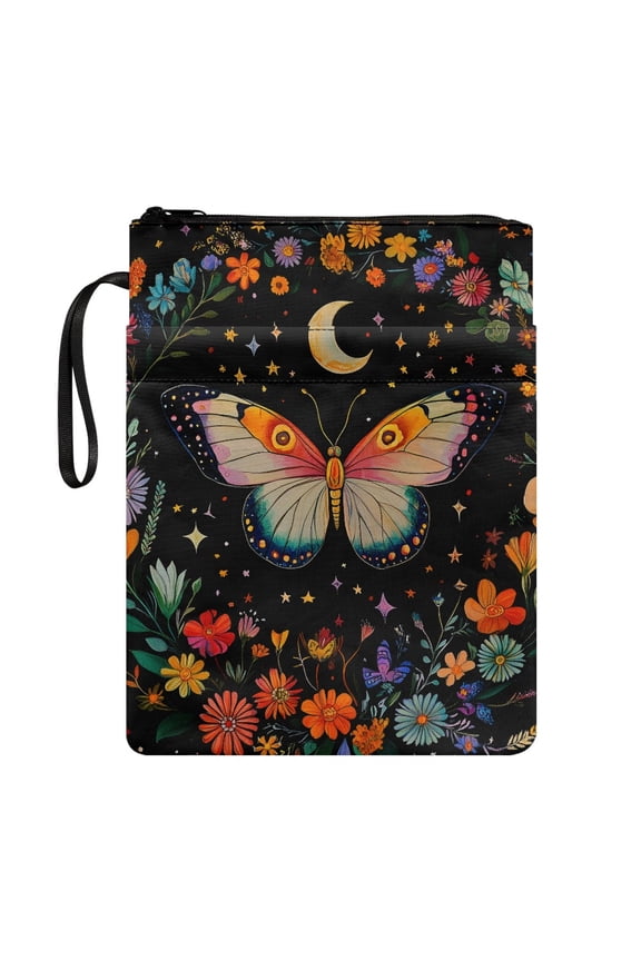 Butterfly and Moon Pattern Zipper Pouch Polyester Fabric Book Storage Bag Book Cover Carrying Case with Pocket Book Sleeve Protector Pouch Reusable