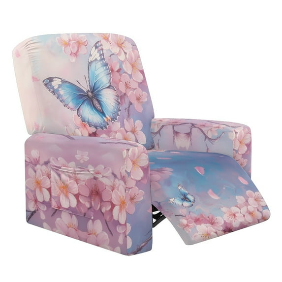 HELLHERO Butterfly Print Lazy Boy Chair Covers for Reclining Chair Cherry Blossom Print Sofa Cover Recliner Sofa Slipcovers with Side Pockets
