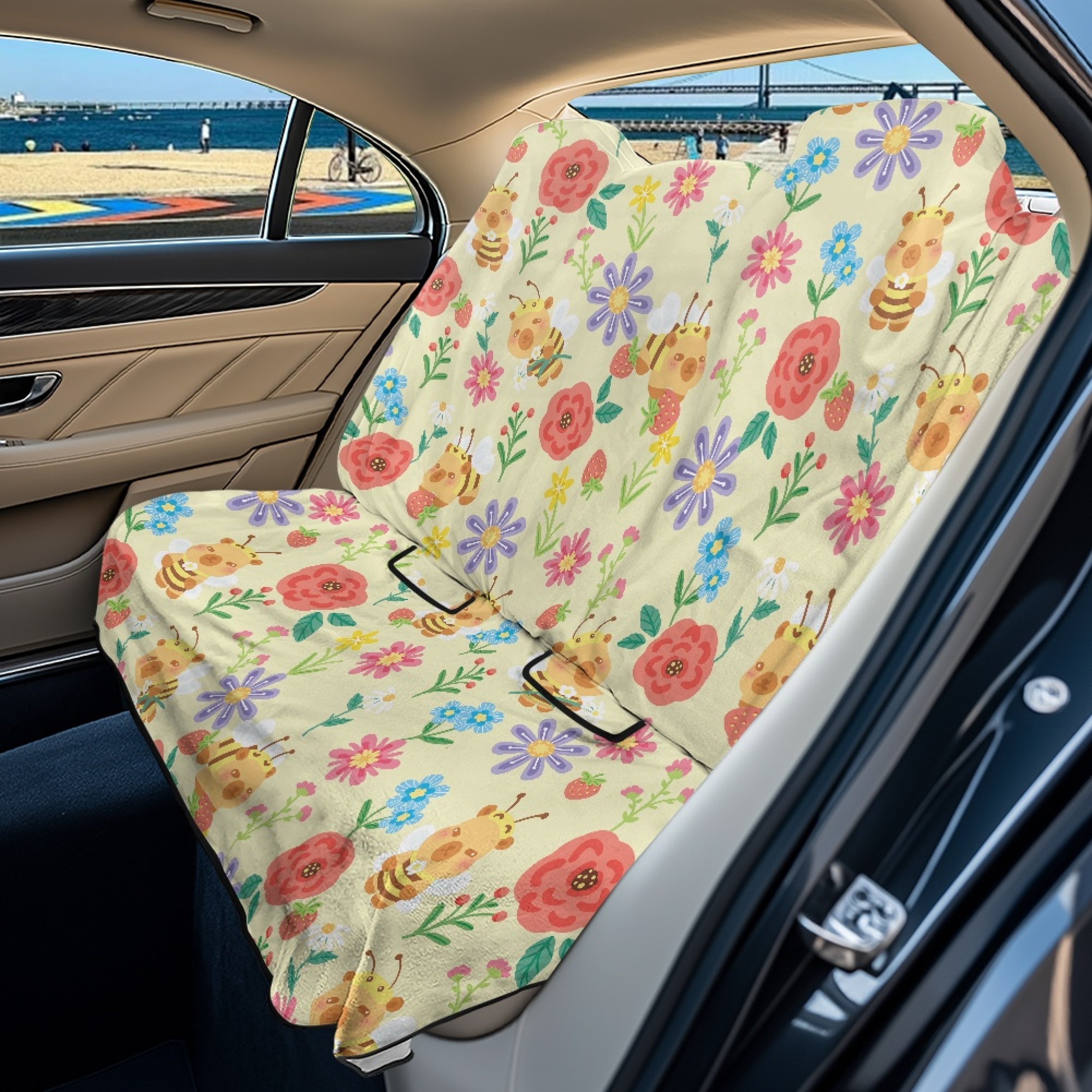 Drydeepin Bee Colorful Flowers Car Seat Cover Towel Backseat Breathable Rear Bench Towel Seat Covers Non-Slip Universal Fit for Sedan Trucks Van SUV, Automotive Seat Protector