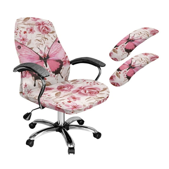 HELLHERO Butterfly Rose Print Office Chair Cover Set Anti Scratch, Office Chair Armrest Slipcover, Swivel Chairs Slipcovers for Pets, Home Decor, Pink