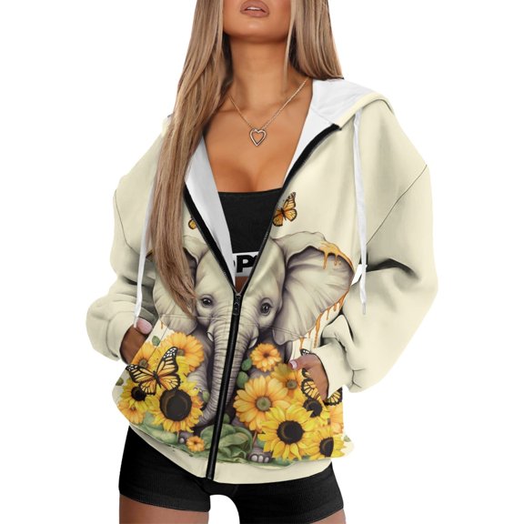 HELLHERO Butterfly and Sunflower Pattern With Zipper Women's Zip Up Hoodies, Polyester Fabric Hooded Coat with Pockets Drawstring Hooded Jacket for Fall Vacation