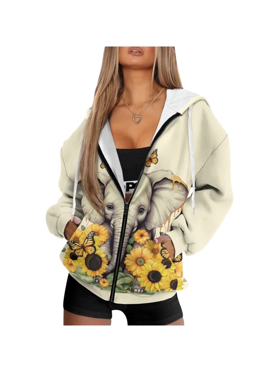 Butterfly and Sunflower Pattern With Zipper Women's Zip Up Hoodies, Polyester Fabric Hooded Coat with Pockets Drawstring Hooded Jacket for Fall Vacation